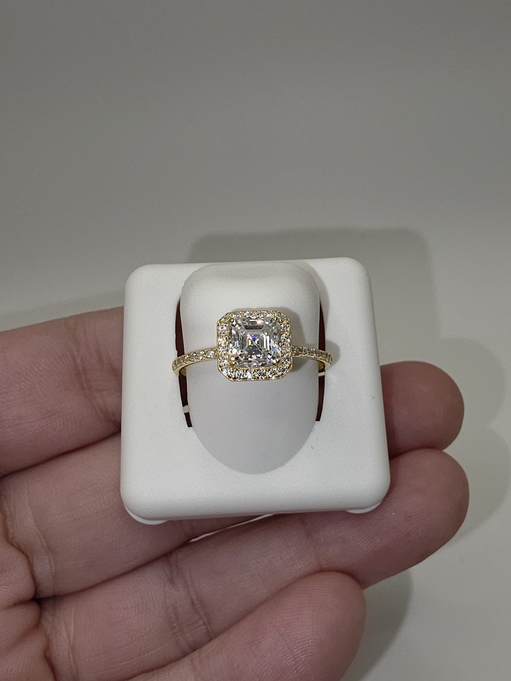 1ct Gold Over S925 Asscher Cut Halo Moissanite Solitaire Ring Size 9